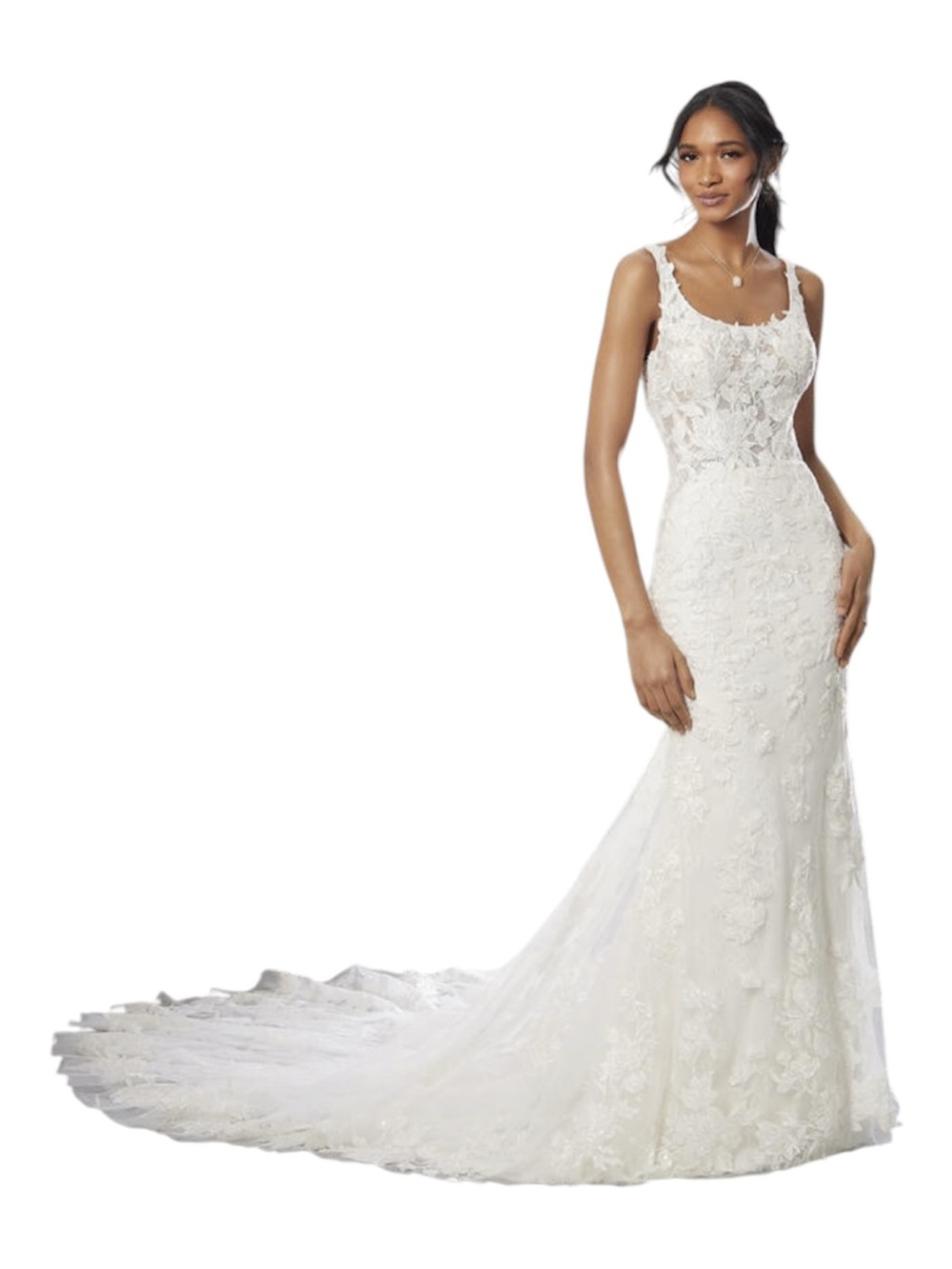 Mori Lee White Lace Fit-and-Flare Wedding Dress with Train